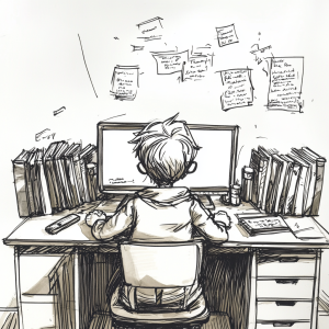 Hand drawn boy learning at computer