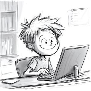 comic boy learning at computer